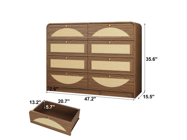 Walnut Finish 8Drawer Dresser With Rattan Front, Wide Particle Board Chest Of Drawers, Modern Wooden Storage Cabinet For Bedroom Living Room