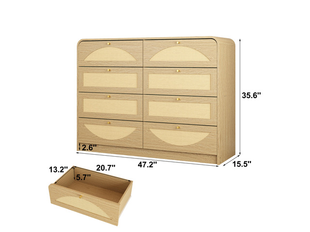Natural Finish 8Drawer Dresser With Rattan Front, Wide Particle Board Chest Of Drawers, Modern Wooden Storage Cabinet For Bedroom Living Room
