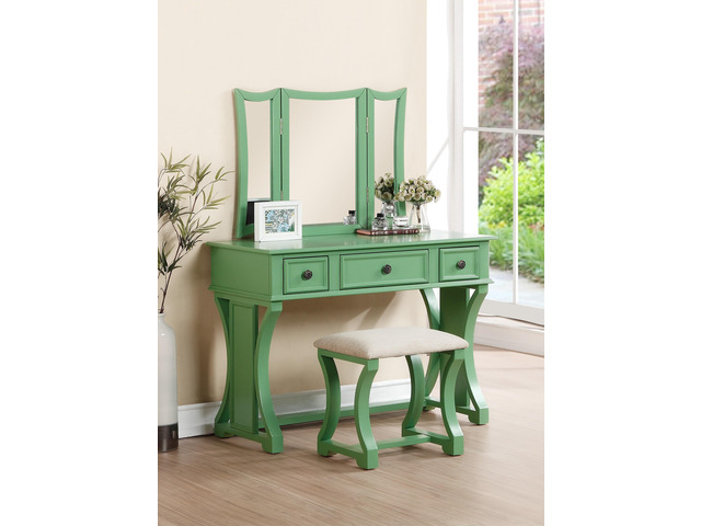 Unique Modern Bedroom Vanity Set w Stool Foldable Mirror Drawers Apple Green Color MDF Veneer 1pc Vanity Furniture