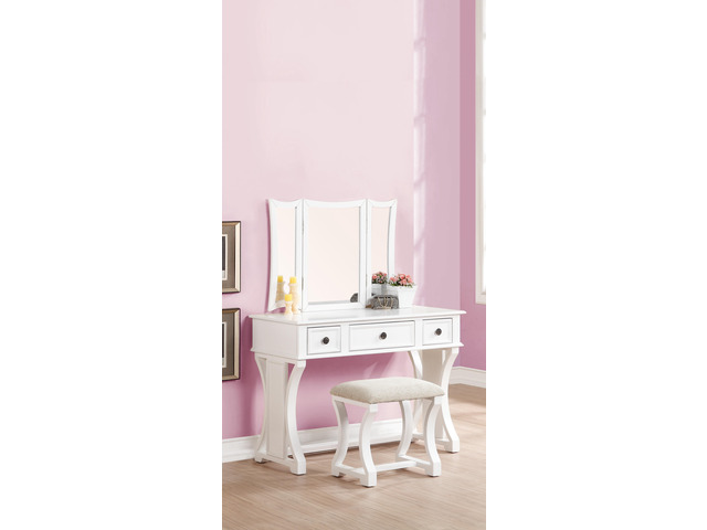 Unique Modern Bedroom Vanity Set w Stool Foldable Mirror Drawers White Color MDF Veneer 1pc Vanity Furniture