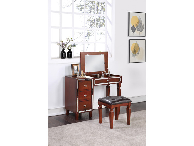 Traditional Formal Cherry Color Vanity Set w Stool Storage Drawers 1pc Bedroom Furniture Set Tufted Seat Stool