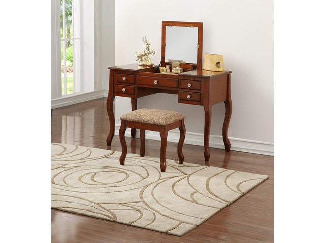 Classic 1pc Vanity Set w Stool Cherry Color Drawers Open-up Mirror Bedroom Furniture Unique Legs Cushion Seat Stool Vanity