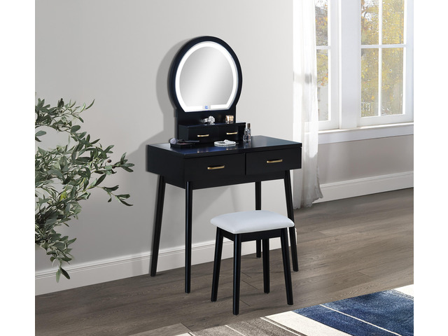 3pc Vanity Table and Stool Set Built-in Led-lit Mirror Matching Cushioned Stool Gold-accented Handles Wooden Home Furniture Black
