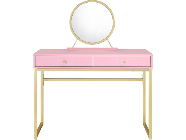 2 Drawers Vanity Desk with Mirror and Jewelry Tray, Pink and Gold