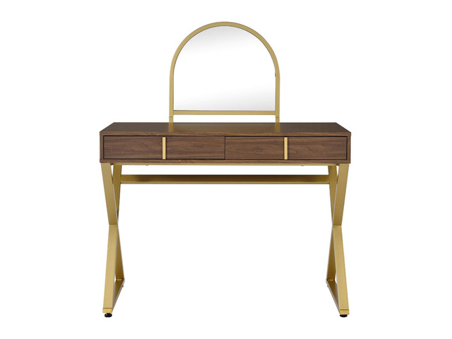 2 Drawers Vanity Desk with Mirror and Jewelry Tray, Walnut and Gold