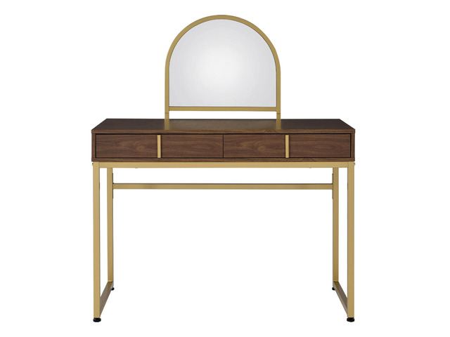 2 Drawers Vanity Desk with Mirror and Jewelry Tray, Walnut and Gold