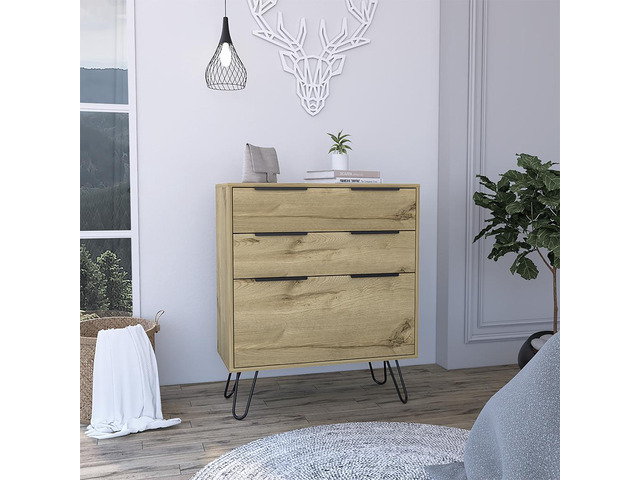 Augusta Dresser, Hairpin Legs, Three Drawers, Superior Top -Light Oak