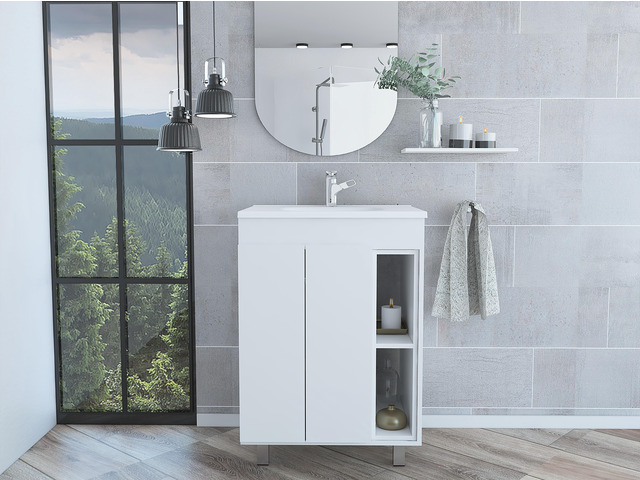 24' Meka Vanity, Two External Shelves, Double Door Cabinet -White