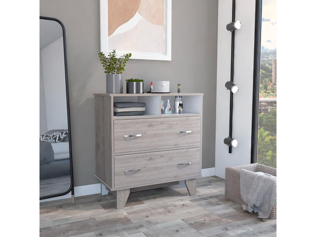Portanova Two Drawer Dresser, Two Open Shelves, Superior Top, Four Legs -Light Gray / White
