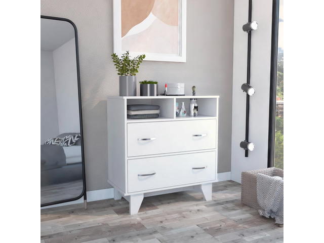 Portanova Two Drawer Dresser, Two Open Shelves, Superior Top, Four Legs -White