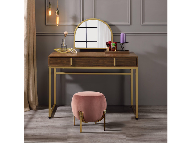 Coleen Walnut & Gold Finish Vanity Desk W/Mirror & Jewelry Tray