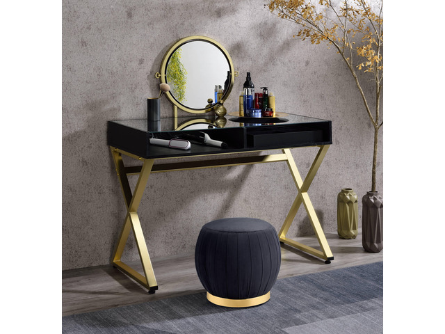 Coleen Black & Gold Finish Vanity Desk W/Mirror & Jewelry Tray