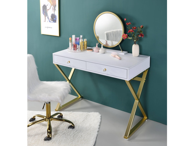 Coleen White & Gold Finish Vanity Desk W/Mirror & Jewelry Tray