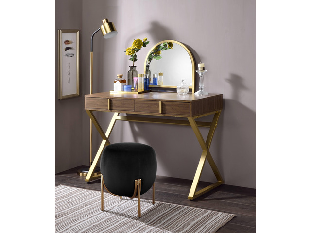 Coleen Walnut & Gold Finish Vanity Desk W/Mirror & Jewelry Tray