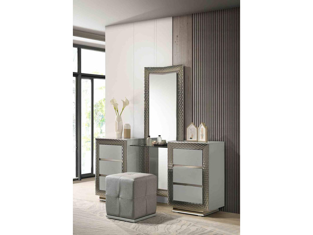 Glam Style 1pc Vanity Set w/ Stool Plinth Base Silver Molding Glass Top LED On Headboard And Mirror Gray Finish Bedroom Furniture