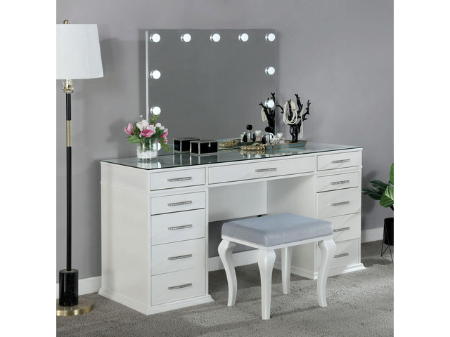 Glam Style 1pc Vanity w/ Padded Stool Set 8mm Glass Top Storage Drawers LED On Mirror Luminous White Finish Bedroom Furniture