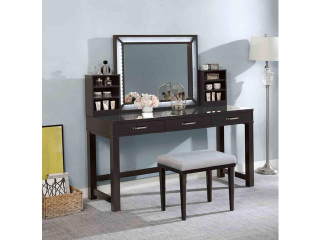 Glam Style 1pc Vanity w/ Stool Set Tempered Glass Top Central Mirror Storage Drawers Padded Stool Obsidian Gray Finish