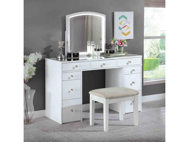 Contemporary Style 1pc Vanity Set 3mm Mirror LED Lights Storage Drawers Wooden Glides White Finish Stool Included Bedroom Furniture