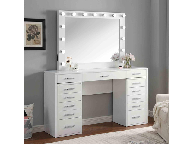 Glam Style 1pc Vanity Set Multiple Drawer Cabinets 15pcs Bulbs USB Charger White Finish Bedroom Furniture Stool Not Included