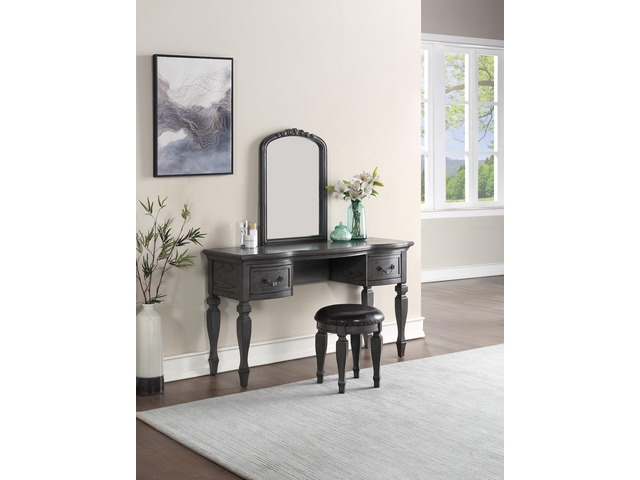 Bedroom Classic Vanity Set Wooden Carved Mirror Stool Drawers Antique Grey Finish