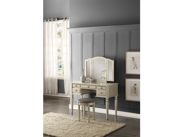 Bedroom Contemporary Vanity Set w Foldable Mirror Stool Drawers Silver Color