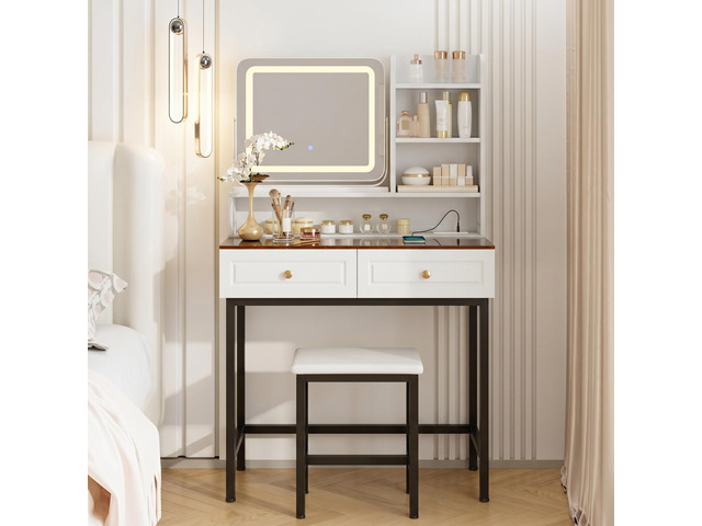 Makeup Vanity with LED Lighted Mirror, 360° Rotatable Mirror, Vanity Desk with 2 Drawers,Power Outlet and 3-Tier Shelves, Amber Glass Table Top,...