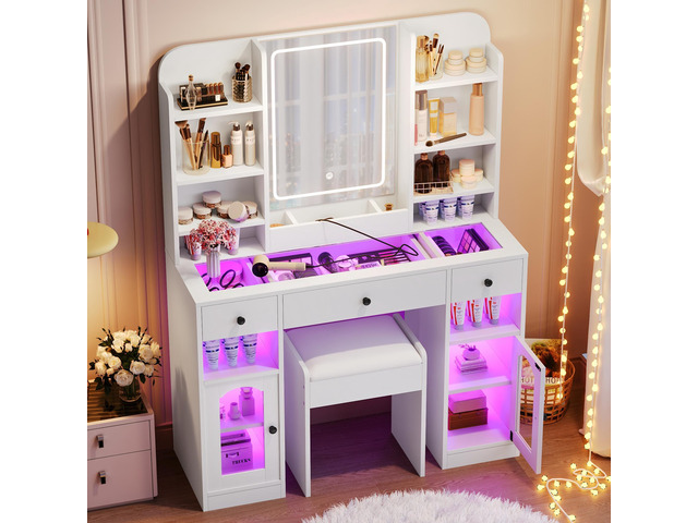 43.2' Vanity Desk with LED Mirror and Lights, Glass Top Vanity with RGB Glass Light Cabinets, Dressing Table with 3 Drawers,Storage Shelves and...