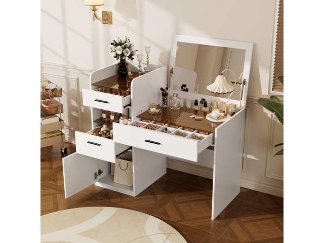 3-in-1 Vanity Desk with Flip Top Mirror, Glass Top Compact Makeup Vanity & Hidden Storage, Vanity Table with 3 Drawers and Cabinet, Space-Saving...