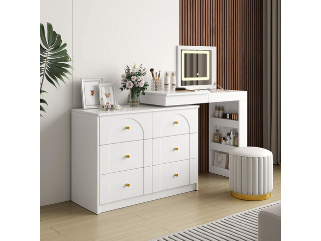 Vanity Desk with Mirror and Lights, Makeup Vanity Table with Flip-Top Tabletop and Storage 7 Drawers, 9 Compartments, 3 Shelves, 3 Color Modes...