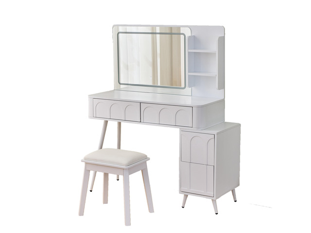 Modern Makeup Vanity Desk with LED Lights & Mirror, 4 Drawer Dressing Table Set with Stool, 3 Colors Dimmable Brightness, Space-Saving for Bedroom,...