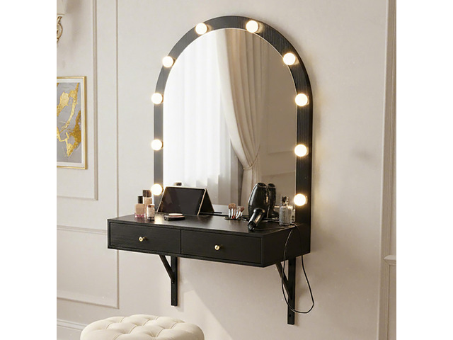 Floating Wall Mounted Makeup Vanity Desk with LED Mirror 3 Color Lights, Compact Dressing Table with Power Outlet & USB Charging, Space Saving...
