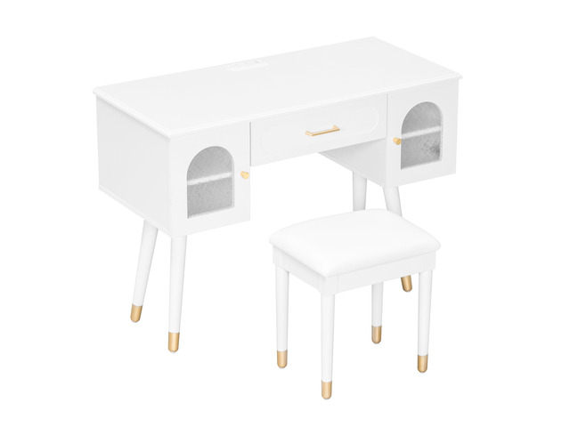 Elegant Vanity Makeup Table & Chair Set, Modern Dressing Table with Organizer, Writing Desk, Charging Port, White