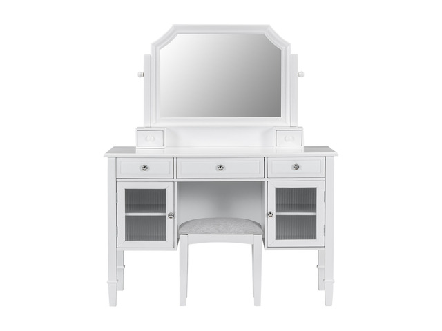 44.4' Makeup Vanity Desk with Large Adjustable Mirror, Dressing Table Set with Drawer & Cabinet, Space-Saving Beauty Station for Bedroom, White