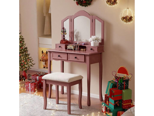 Sanlo Wooden Vanity Make Up Table and Stool Set, Rose Gold