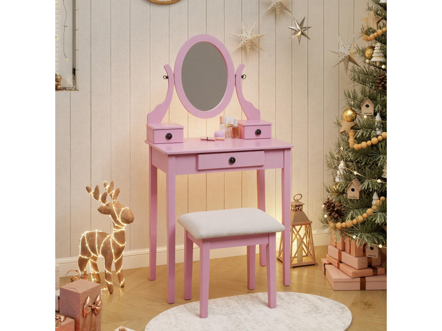 Moniys Wood Moniya Makeup Vanity Table and Stool Set, Pink