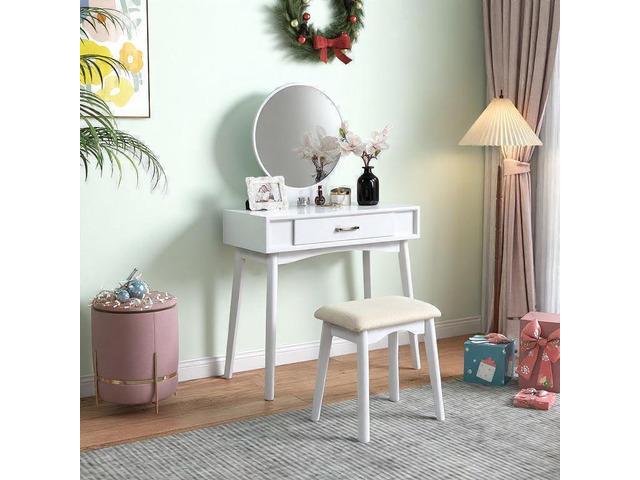 Maly Contemporary Wood Vanity and Stool Set, White