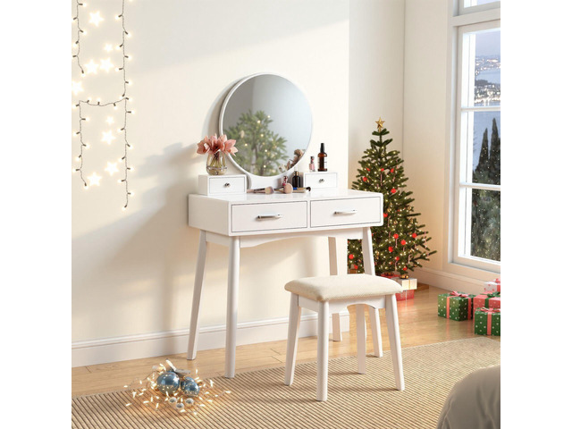 Liannon Contemporary Wood Vanity and Stool Set, White