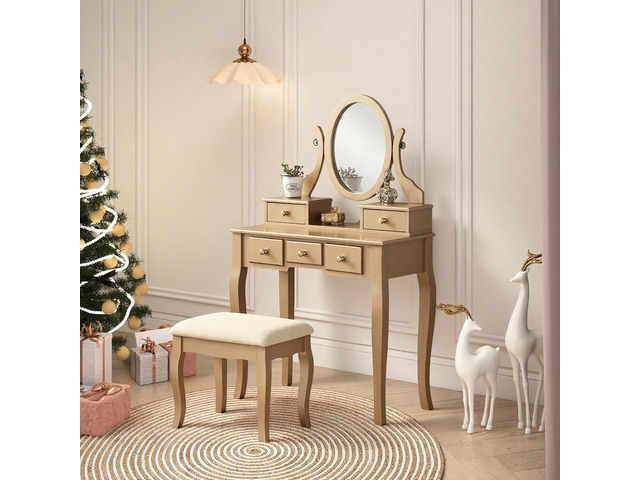 Ashley Wood Make-Up Vanity Table and Stool Set, Ashley Wood Makeup Vanity Table and Stool Set, Gold