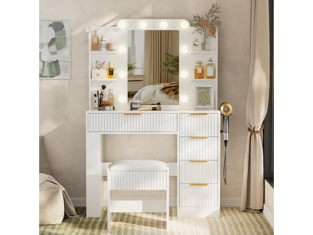 Vanity Table with Mirror and Lights, Vanity Desk and Cushioned Stool Set with Charging Station, Storage Drawers and Transparent Tabletop for Women...