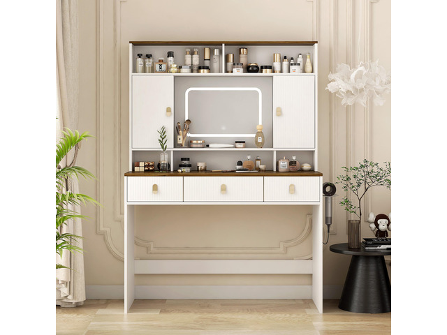 Farmhouse Dressing Table Makeup Table, 43' Wide Dressing Table with Lighted Mirror and Makeup Drawer, Large Modern Dressing Table Set with Hair...