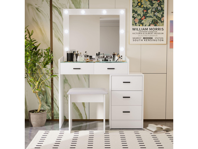 White color adjustable dressing table with 5 drawers