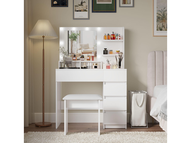 Vanity, Makeup Vanity Desk Set with Mirror & Light, Dressing Table Storage Lots, 3 Lighting Modes with Adjustable Brightness, White with Stool