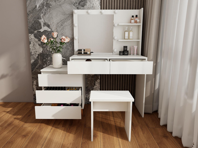 LED Lighted Makeup Vanity Table with Mirror - White Beauty Station with Storage Drawers, Matching Stool, and Organizing Compartments for Makeup...