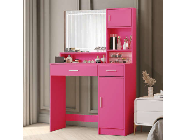 Vanity Desk with Mirror and LED Light Strip,Dressing Table with Large Drawer, 3 Level Storage Dresser & 3 Lighting Modes Adjustable Brightness,...