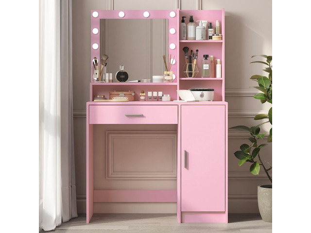 Vanity Desk with Mirror & Light, Large Drawer Three Level Storage Dresser, 3 Lighting Modes Adjustable Brightness, Bedroom Dressing Table(Pink)