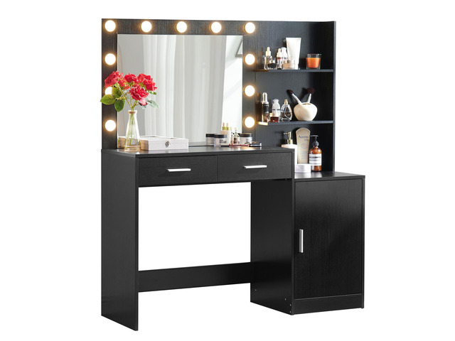 Vanity Desk with Mirror and Lights, 46.4IN Dressing Table with 2 Large Drawer & Large Vertical Organizer, 3 Level Dresser & 3 Lighting Modes...