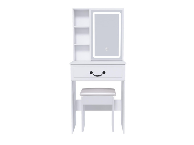 Modern Mini Dressing Table with LED-lit Mirror & Hidden Storage,Includes Padded Stool,Adjustable Brightness Vanity Desk,Multi-tier Dust-proof...