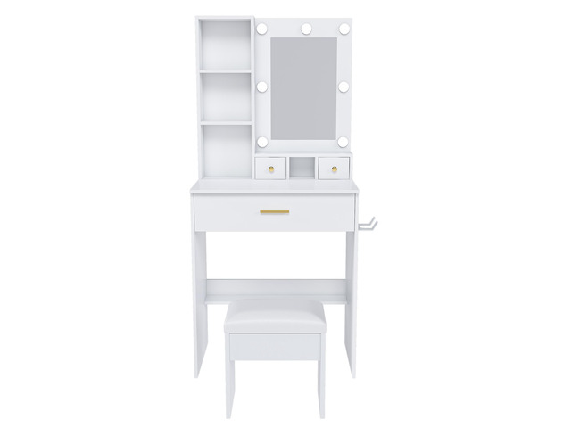 Vanity Table with Mirror & Adjustable LED Lights, Power Outlet, Hairdryer Holder & Stool Compact Dressing Desk for Small Bedrooms(White)