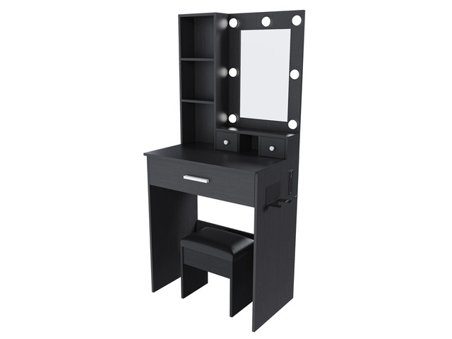 Vanity Table with Mirror & Adjustable LED Lights, Power Outlet, Hairdryer Holder & Stool Compact Dressing Desk for Small Bedrooms(Black)