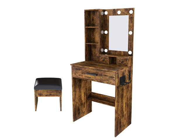 Vanity Table with Mirror & Adjustable LED Lights, Power Outlet, Hairdryer Holder & Stool Compact Dressing Desk for Small Bedrooms(Vintage)